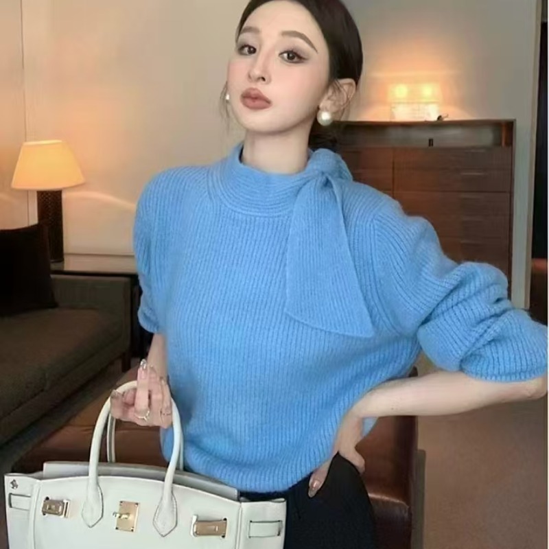 Korean retro gentle half-high collar strapped gray sweater for women in autumn and winter new style lazy high-end knitted sweater top