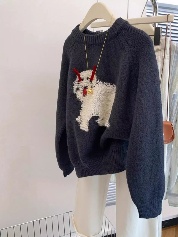Navy blue raccoon velvet thickened pullover sweater for women autumn and winter 2024 new winter inner base sweater top