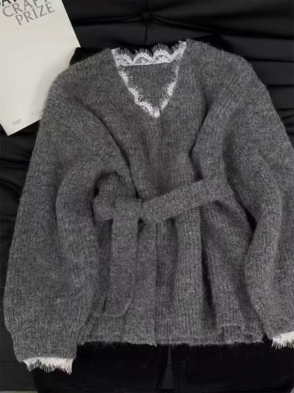 Breathing soft and waxy gray lace pullover sweater for women in autumn and winter Korean style lazy style high-end knitted top