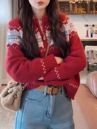 Fair Isle Retro Jacquard Half-Zip Red Sweater Women's Winter Atmosphere Christmas Casual Soft Waxy Sweater Trendy