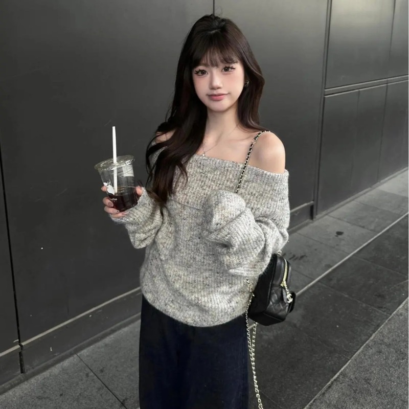 Large version American hot girl one-shoulder lapel sweater for women in autumn and winter, soft and waxy warm long-sleeved sweater