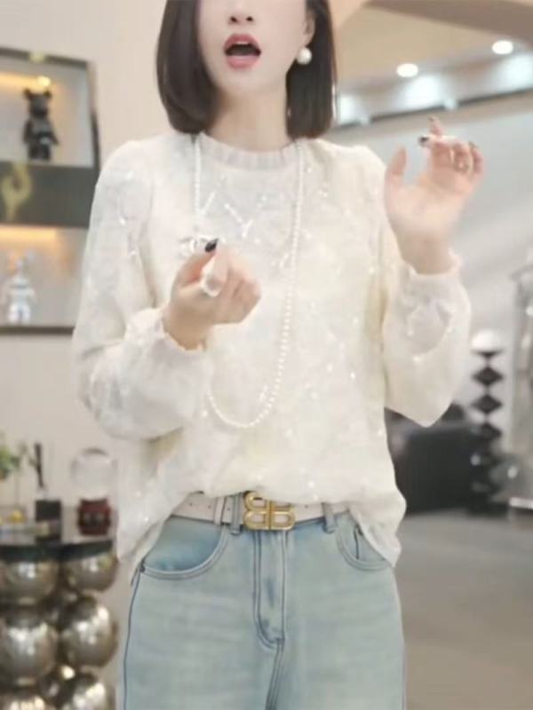 Large size temperament sequin splicing top 2024 autumn and winter new fashion slim and chic long-sleeved solid color bottoming shirt