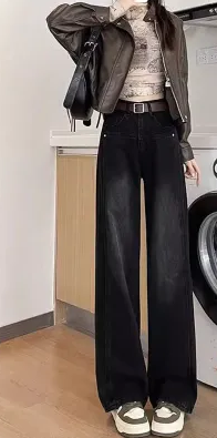 Black wide-leg jeans for women in winter, new style, velvet, thickened, high-waisted, slim, loose, drapey, straight-leg floor-length pants