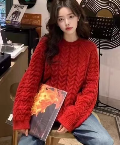 Christmas red twist soft and waxy loose pullover sweater for women in autumn and winter thickened lazy style knitted top for outer wear