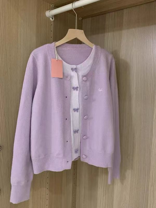 Sheep cashmere #Korean style bow purple fake two-piece cardigan sweater for women autumn and winter 2024 new loose knitted sweater