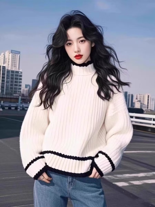 New fall and winter college style long-sleeved color-blocked turtleneck sweater jacket for female students mid-length sweater thickened top