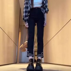 Large size new S-5XL blue-gray straight jeans for spring and autumn, fat mm looks slim and small, stretchy nine-point hemming