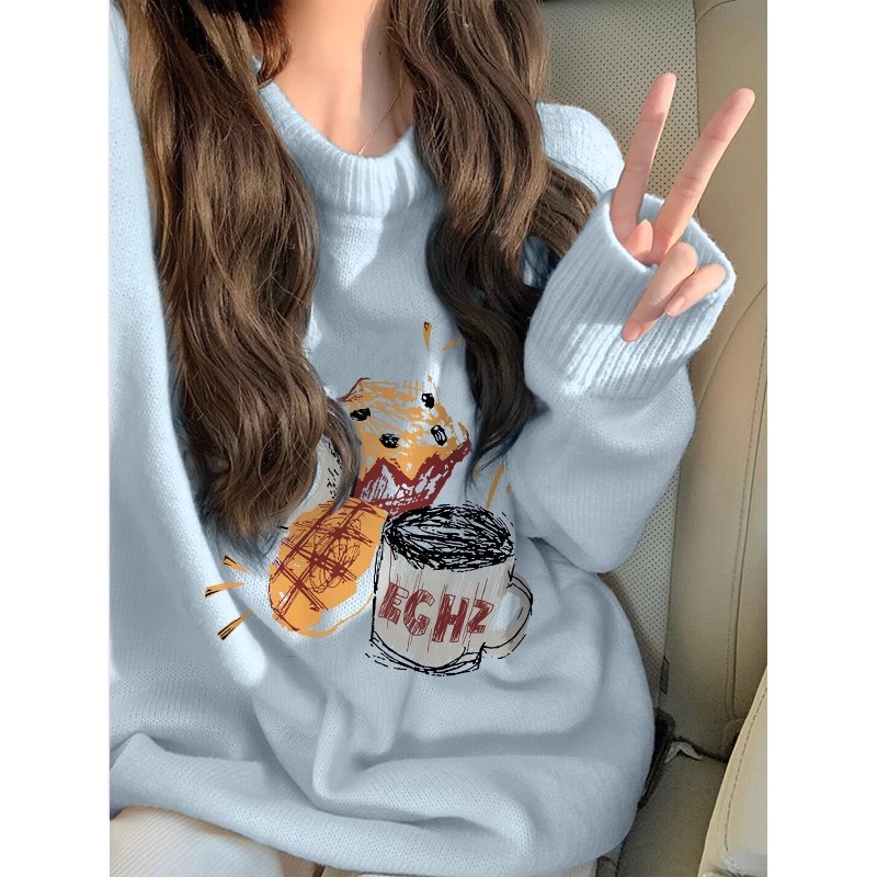 Tender yellow milk fufu round neck sweater for women 2024 autumn and winter popular fashion brand American style lazy style knitted sweater top