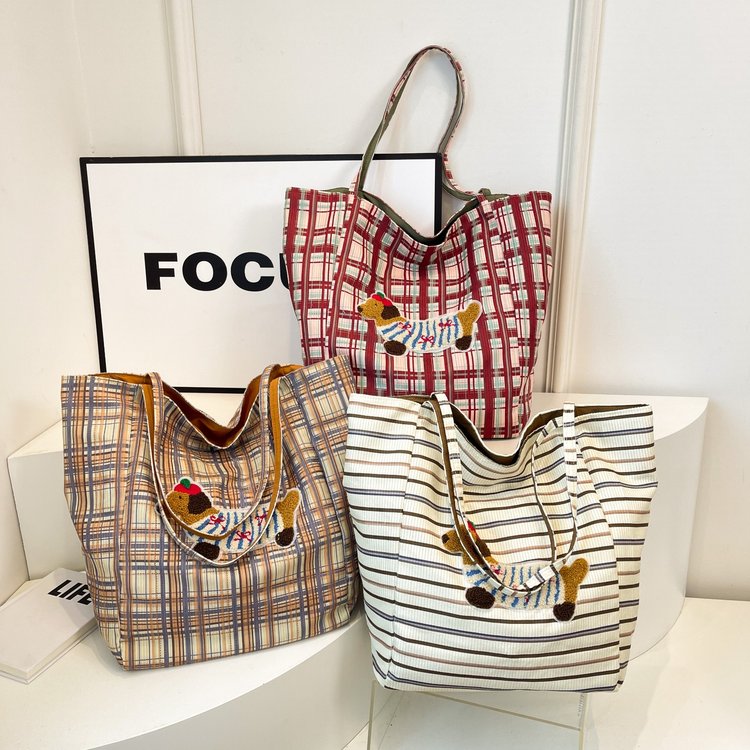 Puppy plaid tote bag Ancola new large-capacity armpit shoulder bag casual versatile double-sided canvas bag for women