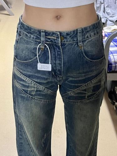 American retro jeans for women spring and summer new style washed splicing non-leg fitting loose wide-leg slightly flared pants