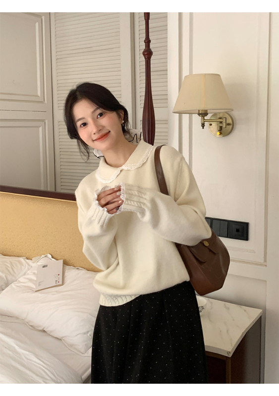 Korean sweet lace doll collar sweater 2024 winter new style retro loose lazy little top for women