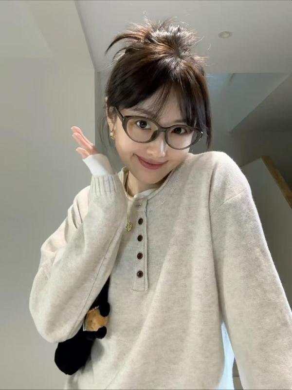 American retro hot girl flower gray half-open collar pullover sweater autumn new loose and versatile lazy style sweater