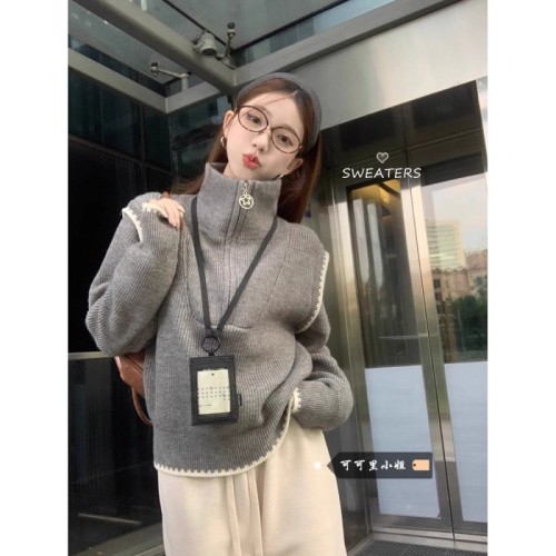 Half-zip turtleneck sweater for women 2024 new autumn loose design niche chic long-sleeved sweater top