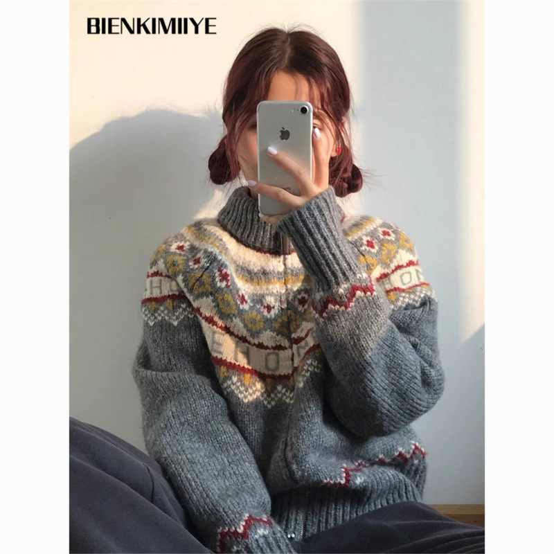 BIENKIMIIYE Sweater Jacket New Year's Wear Loose Lazy Wind Soft Waxy High Collar Knitted Cardigan Jacket Trendy