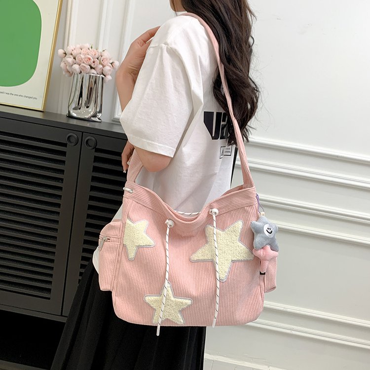 Girly Cute Five-Pointed Star Bag Women's Large Capacity Shoulder Messenger Bag Student Class Commuting Bag Casual Canvas Bag