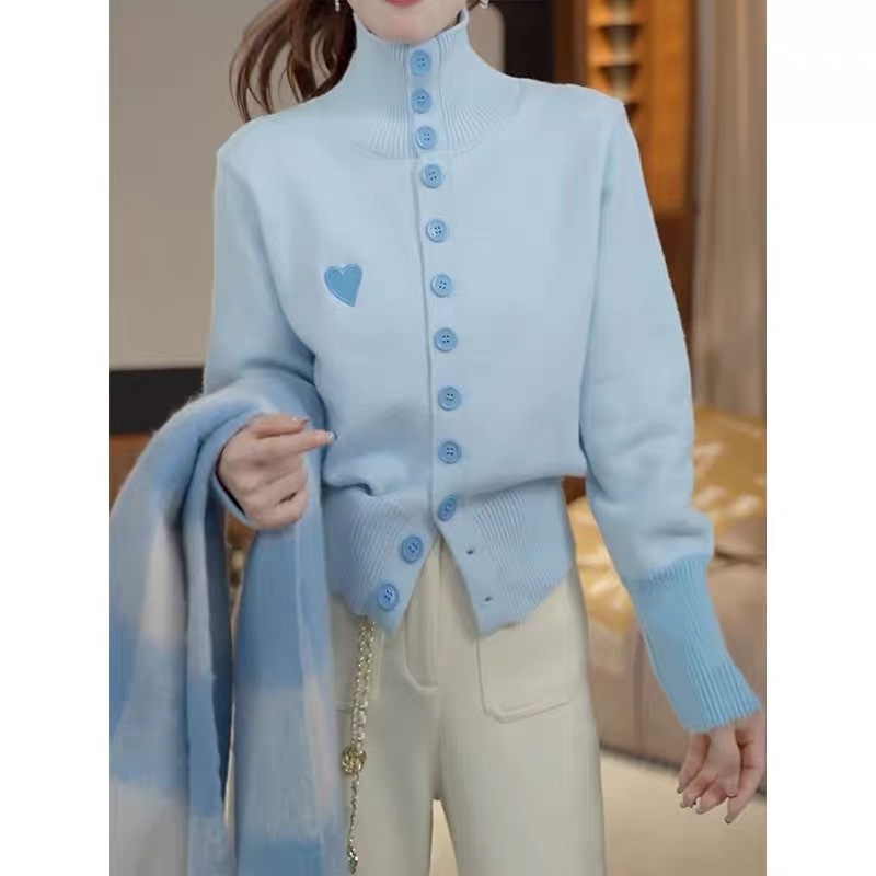 Casual soft and waxy contrasting color stitching love high collar knitted cardigan sweater for women autumn and winter new super nice top jacket