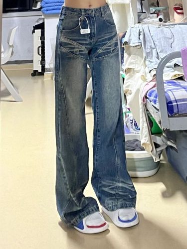American retro jeans for women spring and summer new style washed splicing non-leg fitting loose wide-leg slightly flared pants