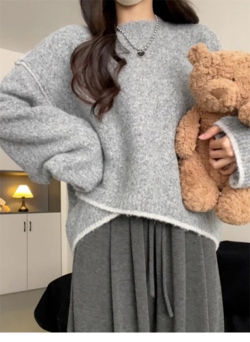 Official picture of floral velvet long-sleeved top knitted sweater round neck 2024 short slim fit bottoming women's autumn and winter warm sweater