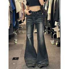 Official photo of American high street washed black and gray flared jeans for women, loose slimming pear-shaped body and slightly flared pants