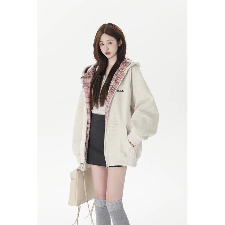 Cotton composite velvet 2024 autumn and winter new style plaid splicing thickened hooded cardigan sweatshirt jacket for women