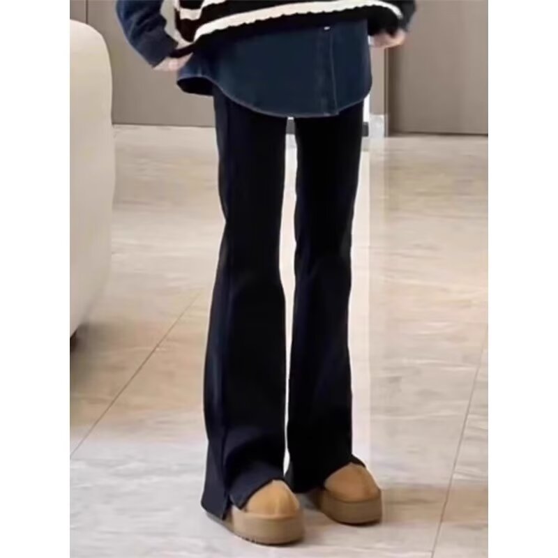Narrow version of slit micro-flare jeans for women in autumn, high-waisted slim horse hoof pants, large size pear-shaped body fat mm floor-length pants