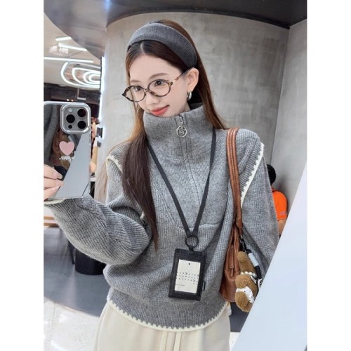 Half-zip turtleneck sweater for women 2024 new autumn loose design niche chic long-sleeved sweater top
