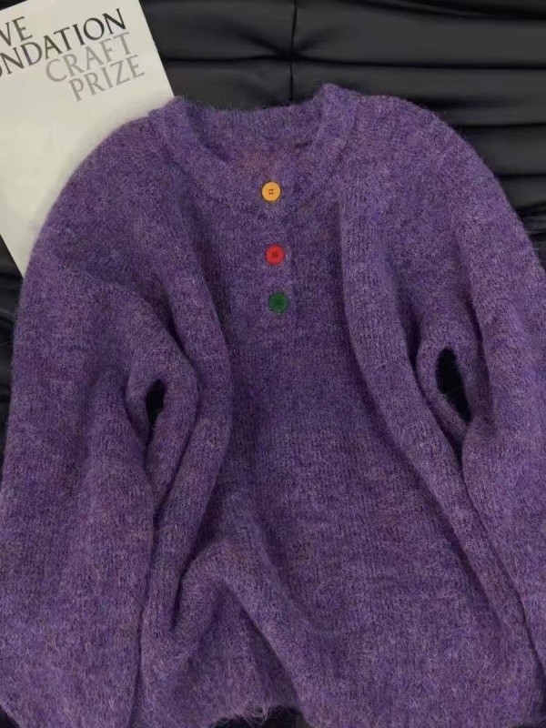 Korean grape purple color buttoned sweater for women in fall and winter, lazy style soft waxy top