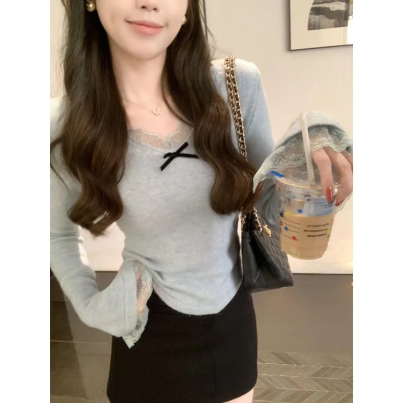 An'an soft and waxy versatile lace collar small bow decorated sweater 2024 new style warm and skin-friendly