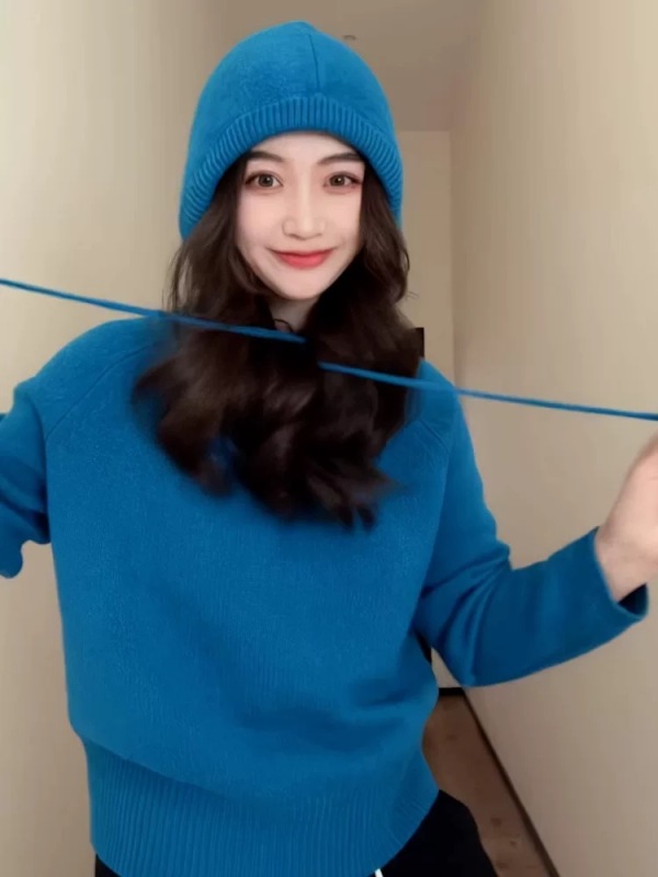 Klein blue drawstring hooded sweater for women in autumn and winter Korean style super nice hooded sweater soft waxy top
