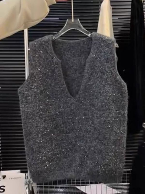 Plus size women's clothing 2025 early spring new design glitter V-neck loose vest bottoming shirt vest