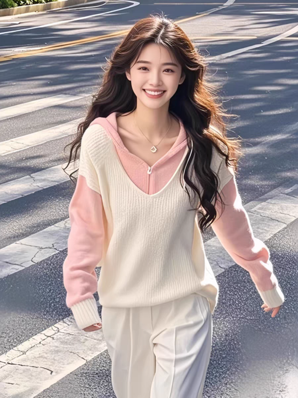 Soft and waxy western style white and pink fake two-piece sweater for women 2024 new dopamine wear fashion versatile top