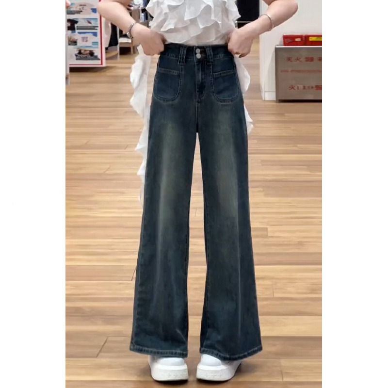 Retro straight jeans for women, high waist, spring and autumn, new large size, fat mm, pear-shaped body, loose, slimming, wide-leg pants