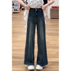 Retro straight jeans for women, high waist, spring and autumn, new large size, fat mm, pear-shaped body, loose, slimming, wide-leg pants