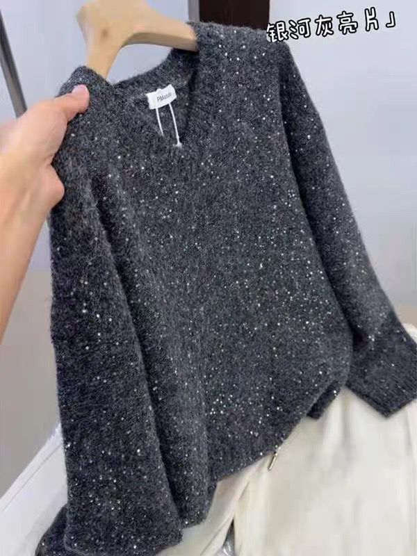 Large size heavy industry sequined v-neck sweater women's autumn and winter new style lazy style loose sweater fashionable design top