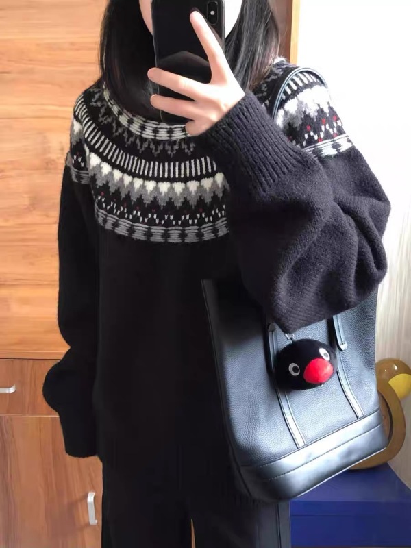 American retro Fair Isle jacquard round neck long-sleeved sweater for women winter new loose and versatile black pullover sweater