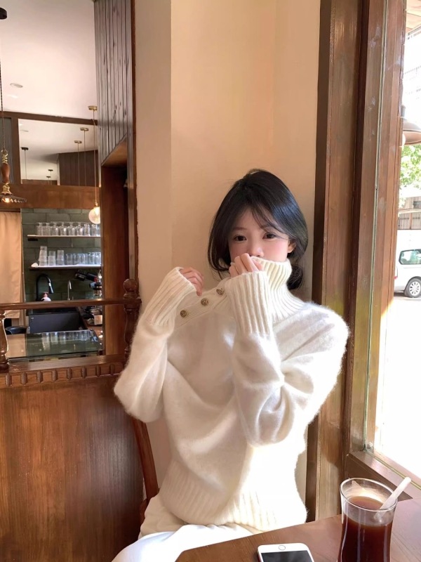 Autumn and winter new style lazy style long-sleeved turtleneck sweater jacket female students mid-length versatile loose solid color sweater
