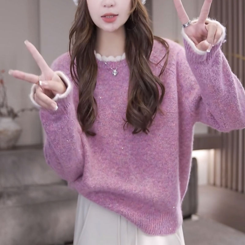 2024 new winter high-end warm casual slim top gentle lazy round neck versatile fake two-piece sweater