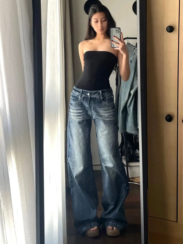 American high street retro straight jeans for women in spring plus size fat mm slim fit loose high waist slimming