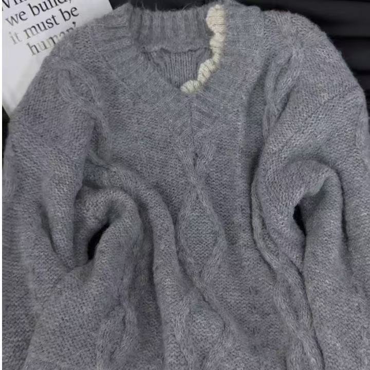 Alpaca #Korean version stitched fake two-piece sweater for women autumn and winter soft and waxy high-quality loose lazy style pullover top