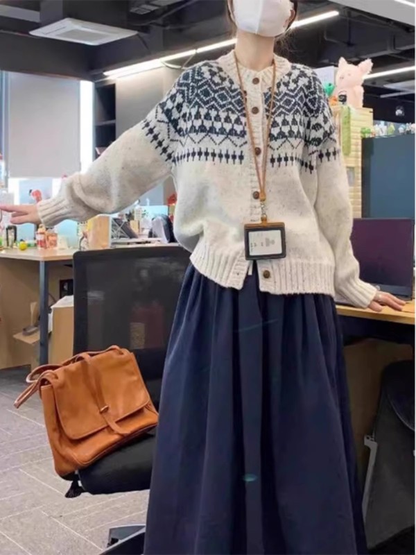 Fair Isle Top Gentle Lazy Mohair Soft Waxy High-Quality Knitted Cardigan Sweater Jacket Women's Early Autumn
