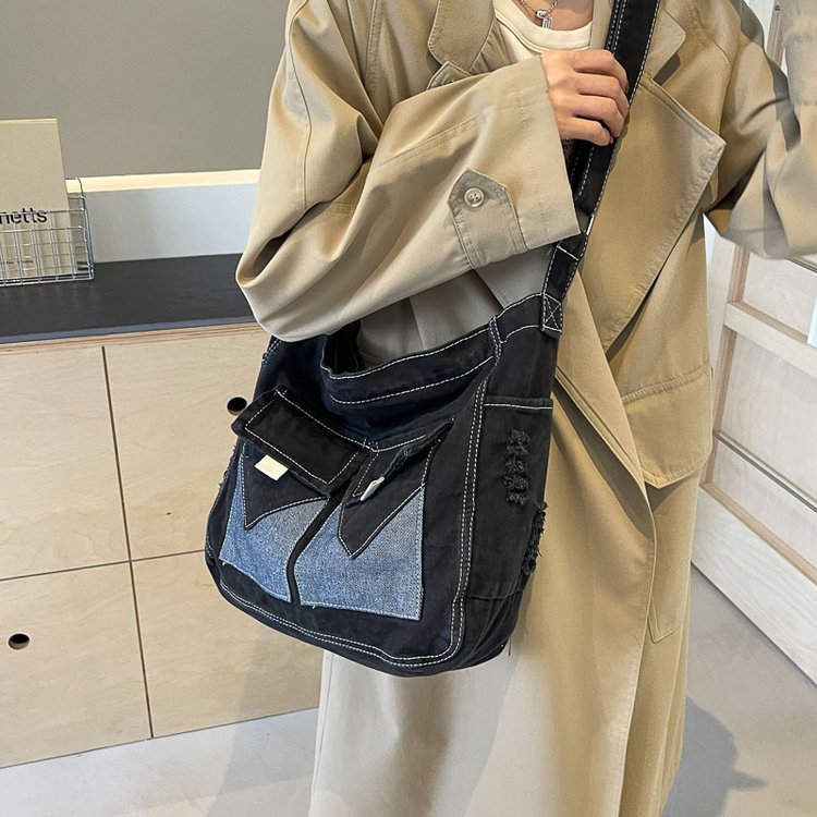 Korean style retro casual large-capacity bag female student class commuting tote bag 2024 spring and summer denim shoulder bag