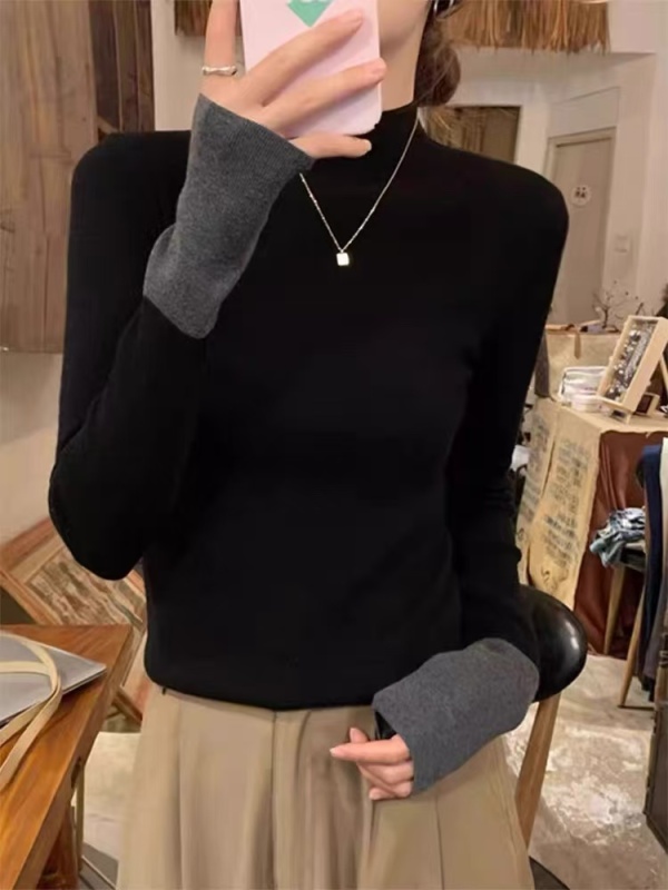 Contrast color half turtleneck knitted sweater women's 2024 spring autumn winter slim fit inner top black bottoming shirt