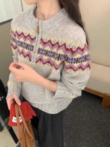 Fair Isle Retro Jacquard Half-Zip Red Sweater Women's Winter Atmosphere Christmas Casual Soft Waxy Sweater Trendy