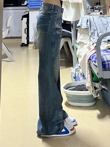 American retro jeans for women spring and summer new style washed splicing non-leg fitting loose wide-leg slightly flared pants