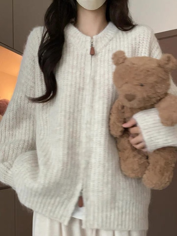 Korean style lazy style zipper sweater for women autumn and winter 2024 new high-end knitted cardigan small thick coat