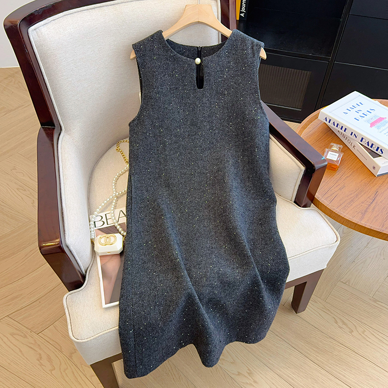 2024 Winter New Starry Sky Sequins Customized Woolen Dress Korean Style Sleeveless Vest Thousand Gold Skirt Large Size