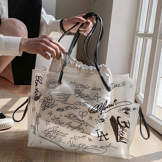 Jelly transparent graffiti women's bag, fashionable hand-held shoulder bag, large capacity handbag, personalized trendy women's bag