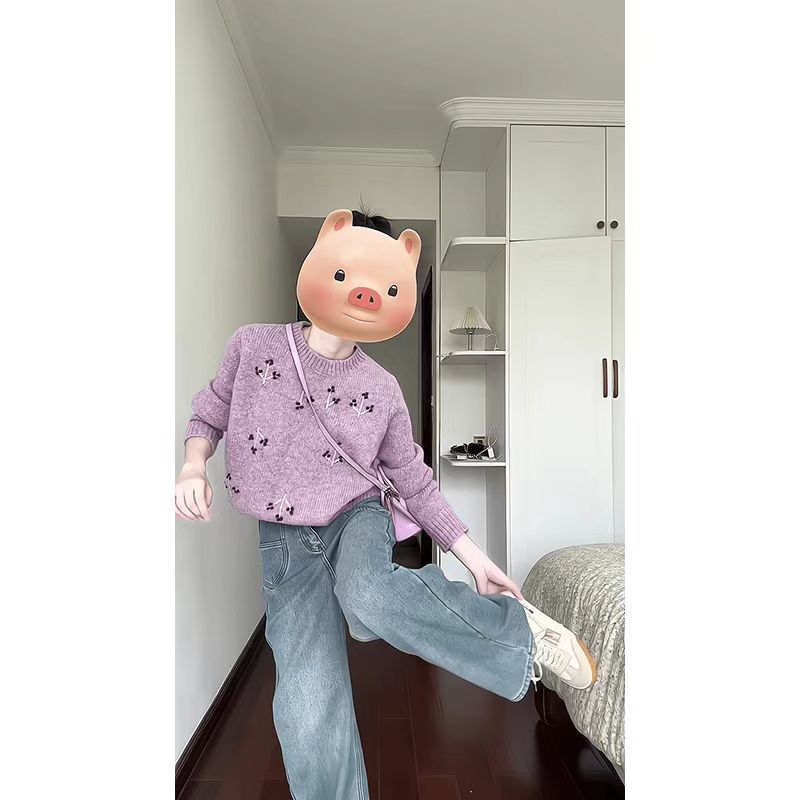 2024 new women's autumn and winter fashionable temperament casual loose long-sleeved sweater tops high-waisted wide-leg jeans