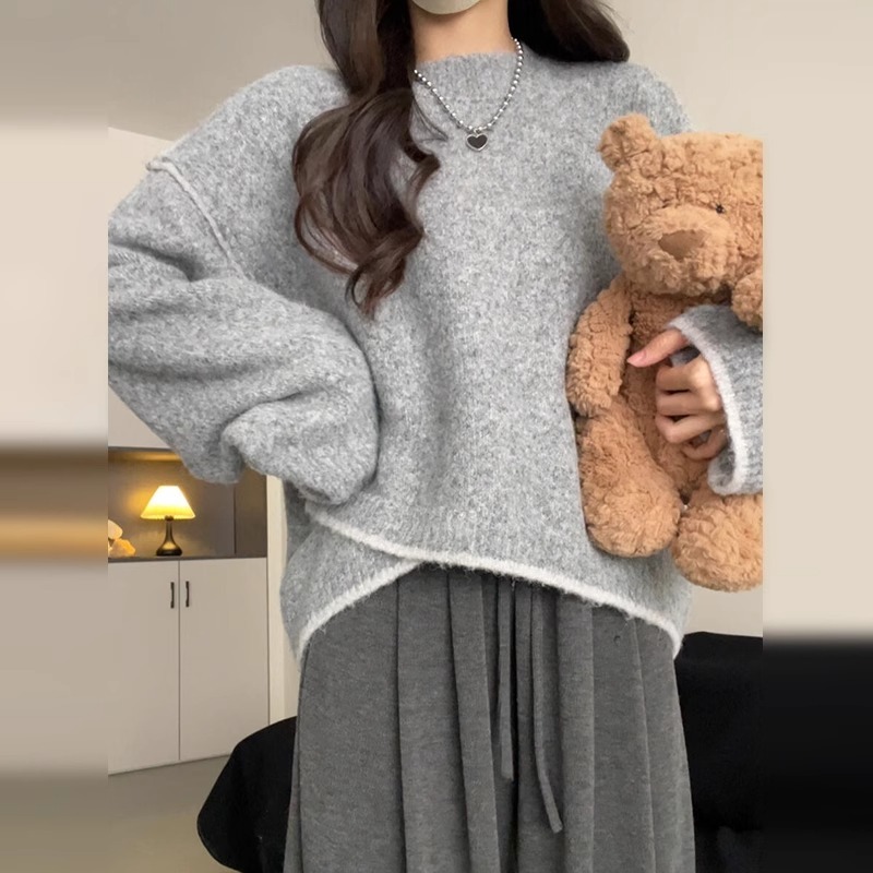 Official picture of floral velvet long-sleeved top knitted sweater round neck 2024 short slim fit bottoming women's autumn and winter warm sweater