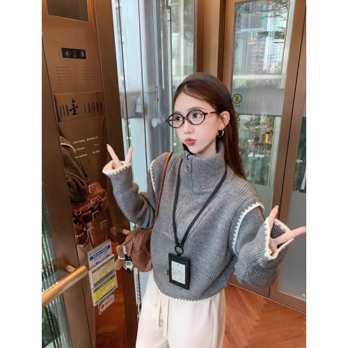 Half-zip turtleneck sweater for women 2024 new autumn loose design niche chic long-sleeved sweater top